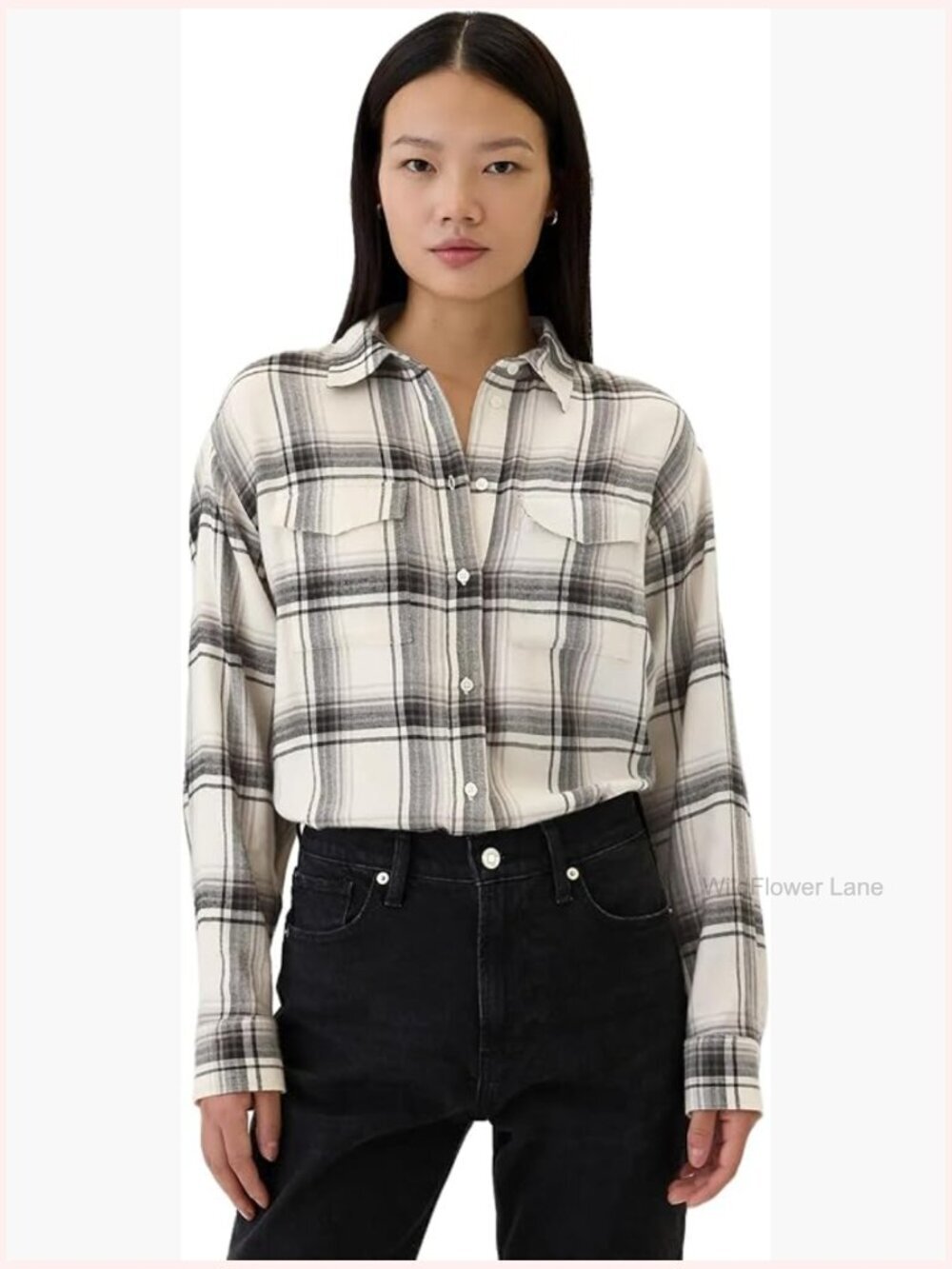 Long Sleeve Flannel Button-Down Shirt, Regular Fit, Plaid, Cotton Blend, Patch